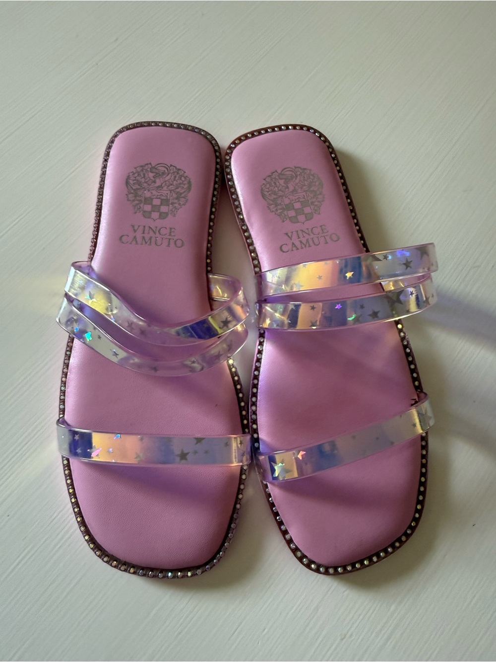 Vince Camuto Lavender Slide Sandals with Iridescent Star Straps